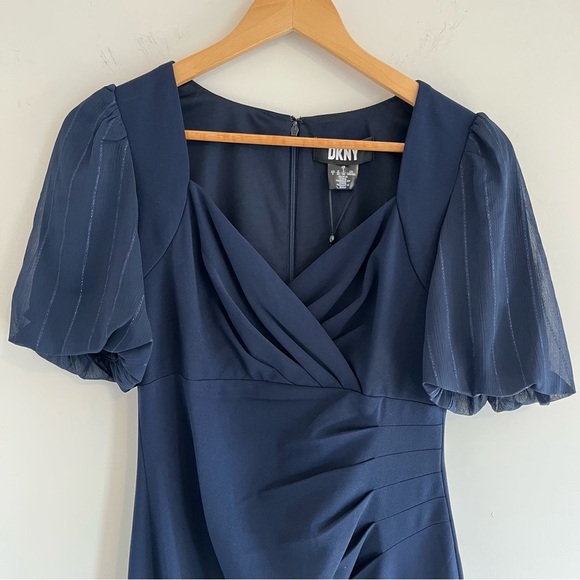 DKNY Women’s Cocktail Dress size 2 Navy Blue Full Length Pouf Sleeve Mermaid - Picture 4 of 15